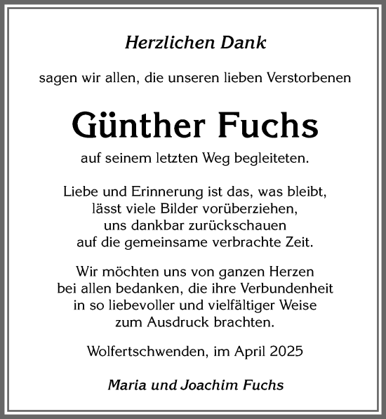 Traueranzeige von Günther Fuchs von Memminger Zeitung