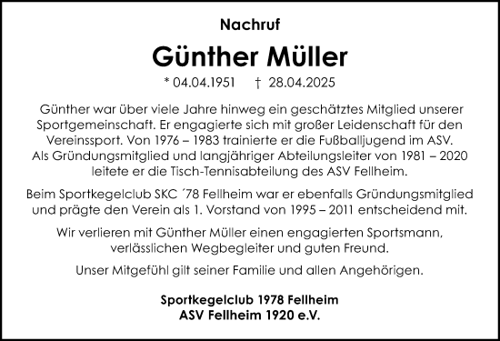 Traueranzeige von Günther Müller von Memminger Zeitung