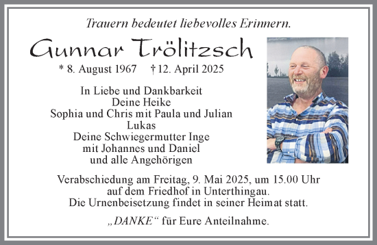 Traueranzeige von Gunnar Trölitzsch von Allgäuer Zeitung, Marktoberdorf