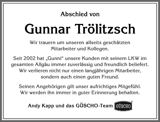 Traueranzeige von Gunnar Trölitzsch von Allgäuer Zeitung, Marktoberdorf