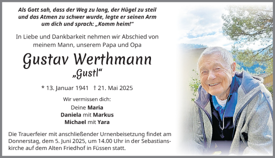 Traueranzeige von Gustav Werthmann von Allgäuer Zeitung, Füssen
