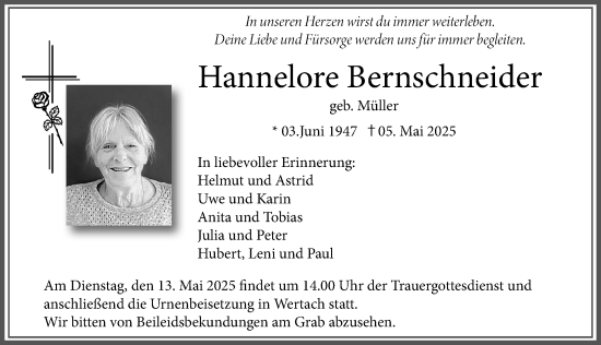 Traueranzeige von Hannelore Bernschneider von Allgäuer Anzeigeblatt