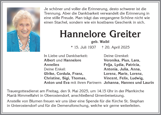 Traueranzeige von Hannelore Greiter von Allgäuer Zeitung, Kaufbeuren/Buchloe