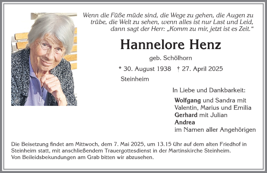 Traueranzeige von Hannelore Henz von Memminger Zeitung
