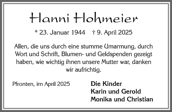 Traueranzeige von Hanni Hohmeier von Allgäuer Zeitung, Füssen
