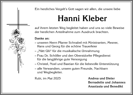 Traueranzeige von Hanni Kleber von Allgäuer Anzeigeblatt