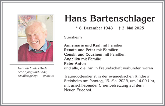 Traueranzeige von Hans Bartenschlager von Memminger Zeitung