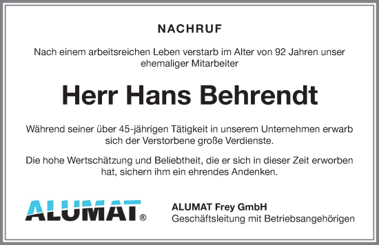 Traueranzeige von Hans Behrendt von Allgäuer Zeitung, Kaufbeuren/Buchloe