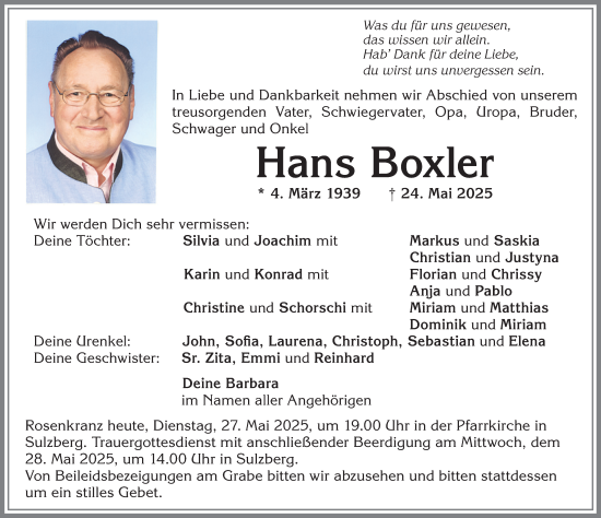 Traueranzeige von Hans Boxler von Allgäuer Zeitung,Kempten