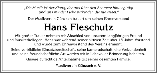 Traueranzeige von Hans Fleschutz von Allgäuer Zeitung, Marktoberdorf