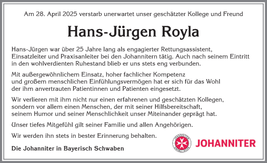 Traueranzeige von Hans-Jürgen Royla von Memminger Zeitung