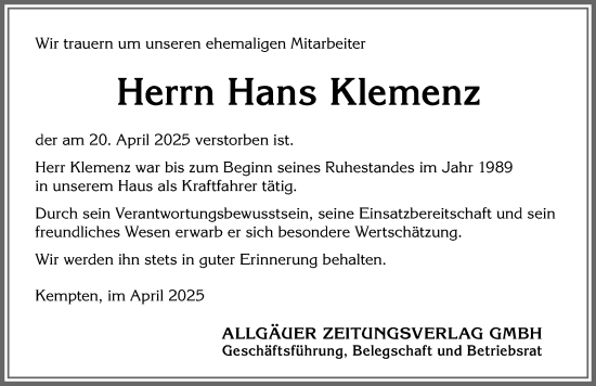Traueranzeige von Hans Klemenz von Allgäuer Zeitung,Kempten