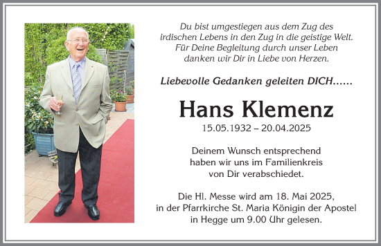 Traueranzeige von Hans Klemenz von Allgäuer Zeitung,Kempten