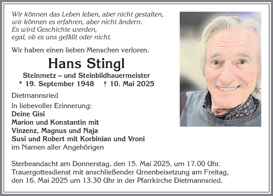 Traueranzeige von Hans Stingl von Allgäuer Zeitung,Kempten