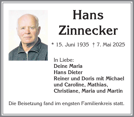 Traueranzeige von Hans Zinnecker von Allgäuer Zeitung,Kempten