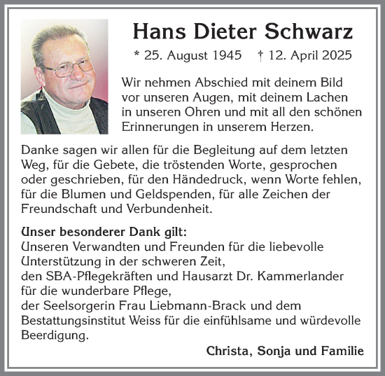 Traueranzeige von Hans Dieter Schwarz von Allgäuer Zeitung,Kempten