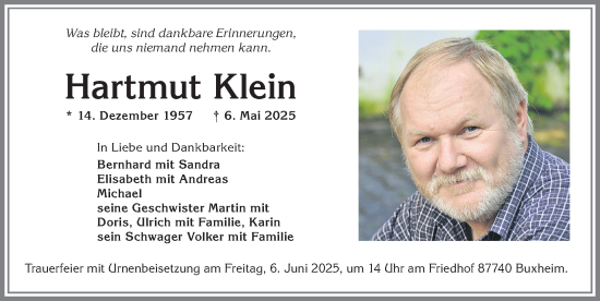 Traueranzeige von Hartmut Klein von Allgäuer Zeitung, Kaufbeuren/Buchloe