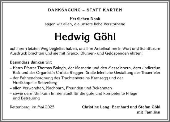 Traueranzeige von Hedwig Göhl von Allgäuer Anzeigeblatt