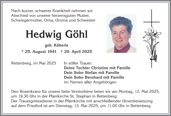 Traueranzeige von Hedwig Göhl von Allgäuer Anzeigeblatt