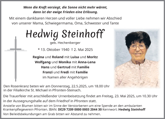 Traueranzeige von Hedwig Steinhoff von Allgäuer Zeitung, Füssen