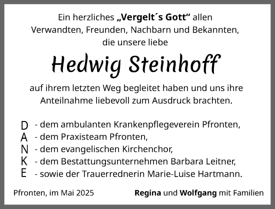 Traueranzeige von Hedwig Steinhoff von Allgäuer Zeitung, Füssen