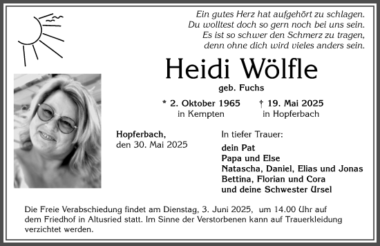 Traueranzeige von Heidi Wölfle von Allgäuer Zeitung,Kempten