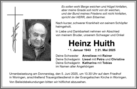 Traueranzeige von Heinz Huith von Memminger Zeitung