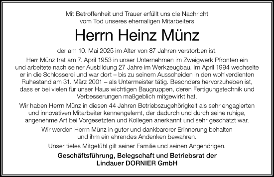 Traueranzeige von Heinz Münz von Allgäuer Zeitung, Füssen