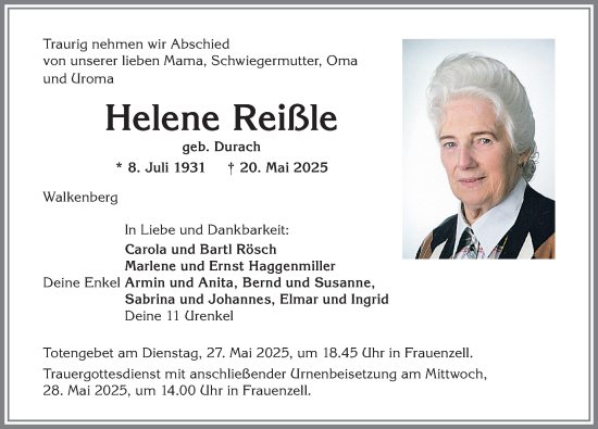 Traueranzeige von Helene Reißle von Allgäuer Zeitung,Kempten