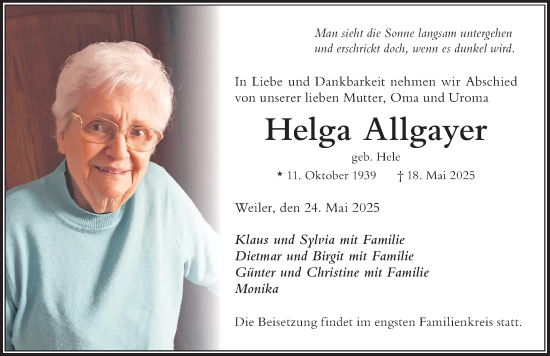 Traueranzeige von Helga Allgayer von Der Westallgäuer