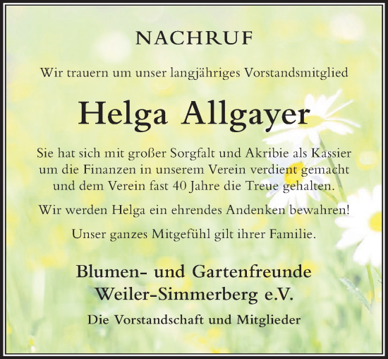 Traueranzeige von Helga Allgayer von Der Westallgäuer