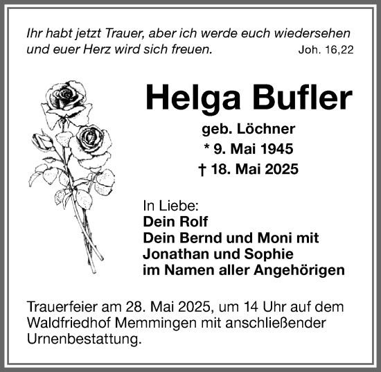 Traueranzeige von Helga Bufler von Memminger Zeitung