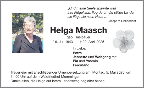 Traueranzeige von Helga Maasch von Memminger Zeitung