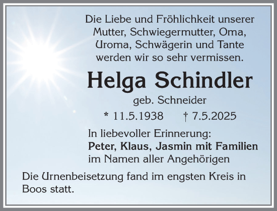 Traueranzeige von Helga Schindler von Memminger Zeitung