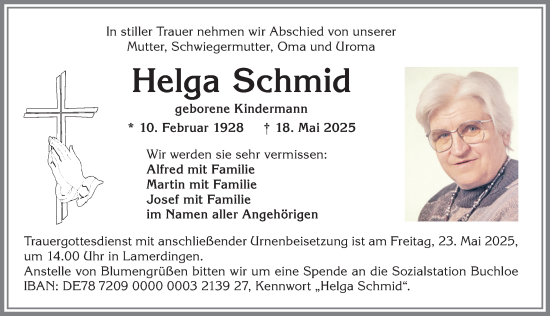 Traueranzeige von Helga Schmid von Allgäuer Zeitung, Kaufbeuren/Buchloe