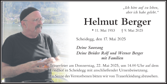 Traueranzeige von Helmut Berger von Der Westallgäuer
