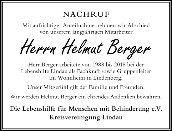 Traueranzeige von Helmut Berger von Der Westallgäuer