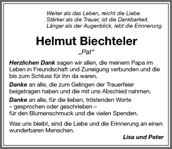 Traueranzeige von Helmut Biechteler von Memminger Zeitung