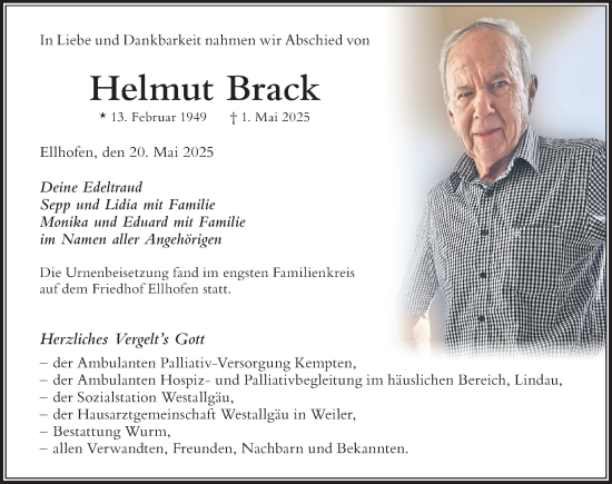 Traueranzeige von Helmut Brack von Der Westallgäuer