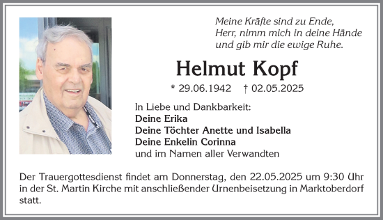 Traueranzeige von Helmut Kopf von Allgäuer Zeitung, Marktoberdorf