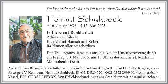 Traueranzeige von Helmut Schuhbeck von Allgäuer Zeitung, Marktoberdorf