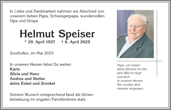 Traueranzeige von Helmut Speiser von Allgäuer Anzeigeblatt