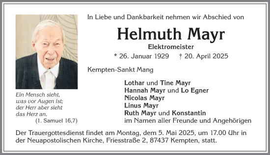 Traueranzeige von Helmuth Mayr von Allgäuer Zeitung,Kempten