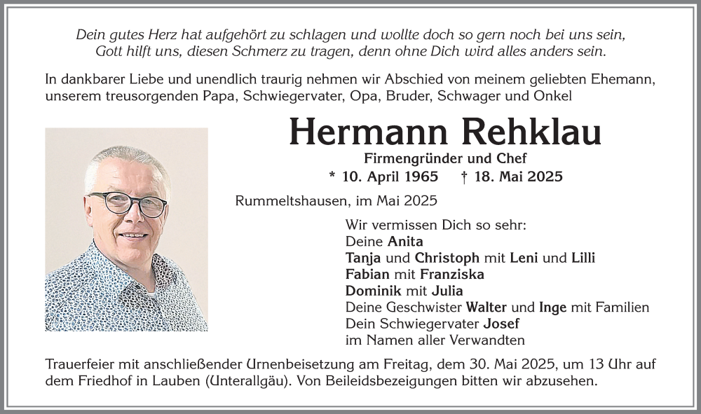  Traueranzeige für Hermann Rehklau vom 27.05.2025 aus Memminger Zeitung