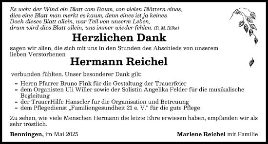 Traueranzeige von Hermann Reichel von Memminger Zeitung