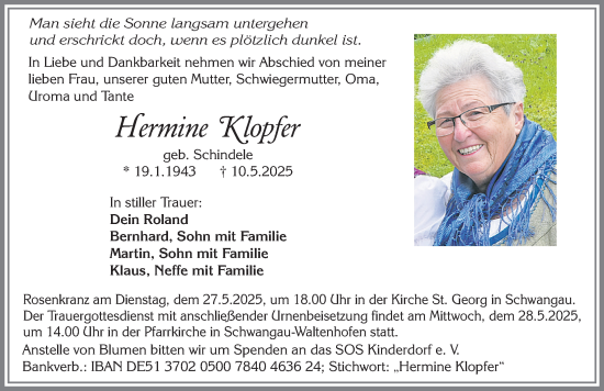 Traueranzeige von Hermine Klopfer von Allgäuer Zeitung, Füssen