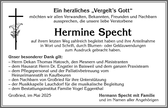 Traueranzeige von Hermine Specht von Mindelheimer Zeitung, Augsburger Allgemeine