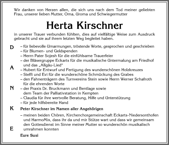 Traueranzeige von Herta Kirschner von Allgäuer Anzeigeblatt