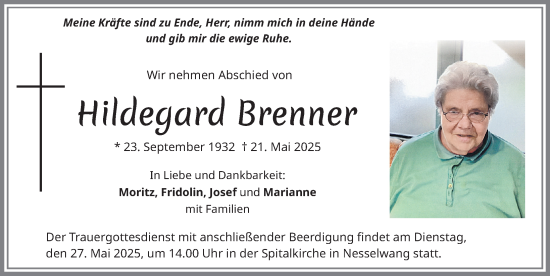 Traueranzeige von Hildegard Brenner von Allgäuer Zeitung, Füssen