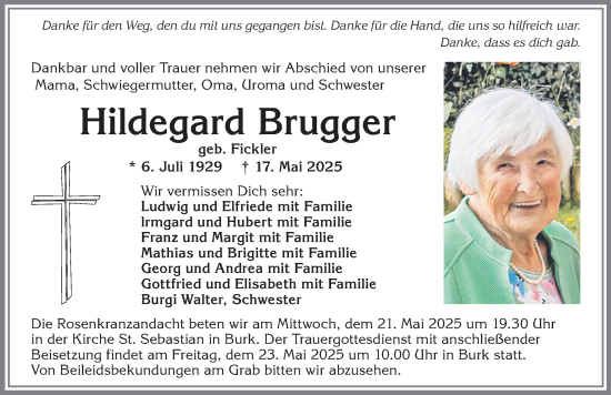 Traueranzeige von Hildegard Brugger von Allgäuer Zeitung, Marktoberdorf